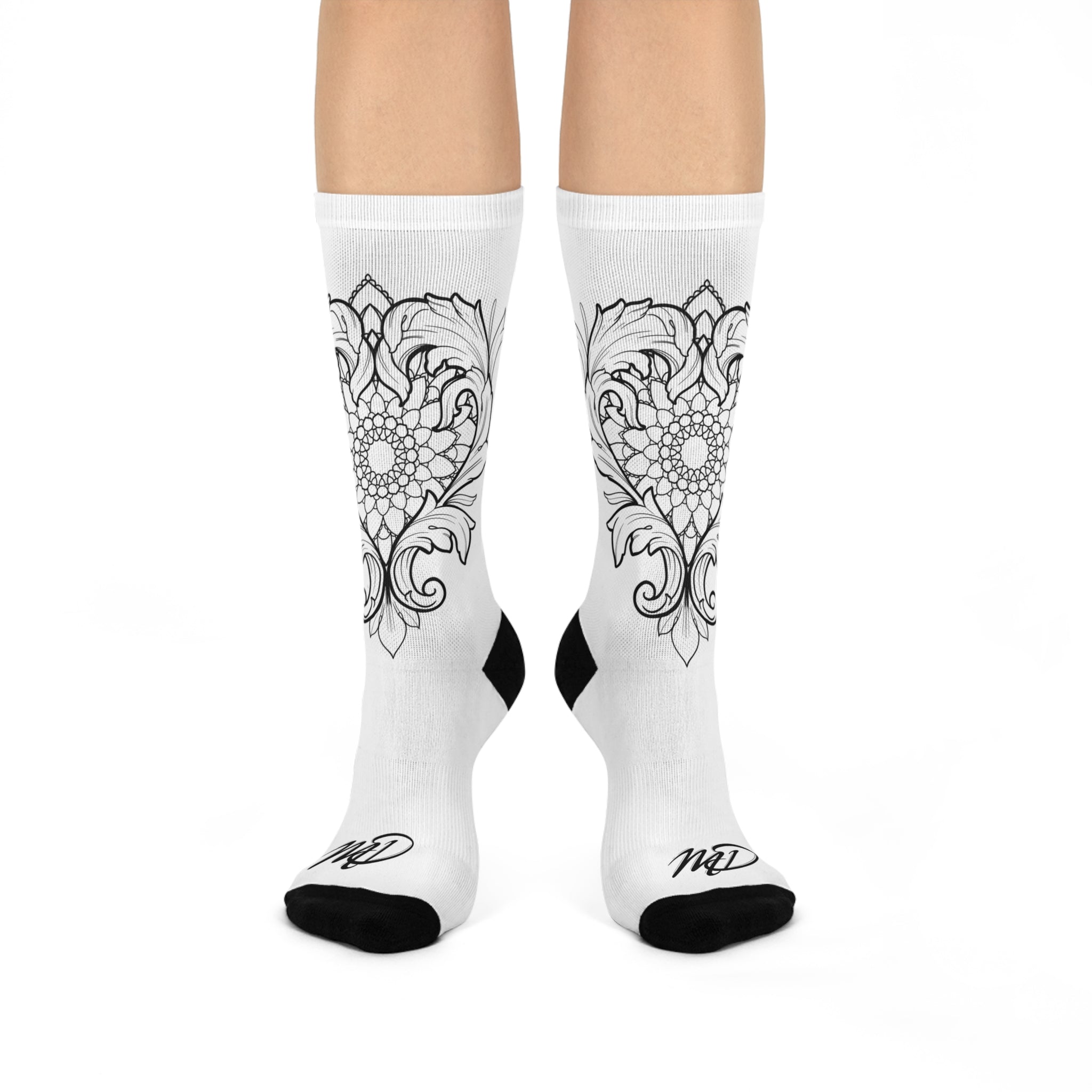 Cushioned Crew Socks. Heart Mandala design with filigree. Great for adults and Teens